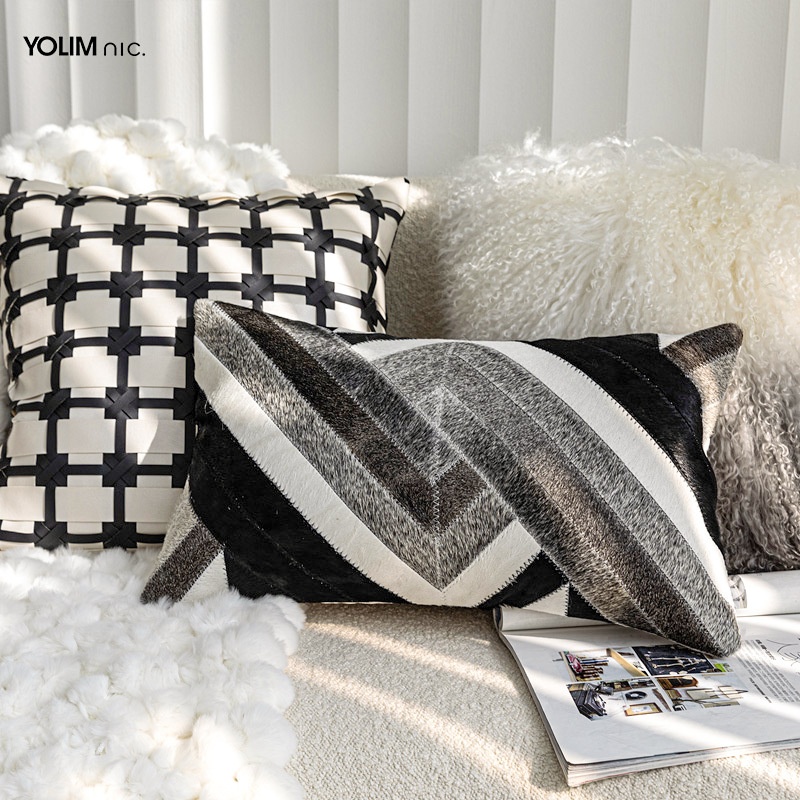 Modern Simple High-grade Cowhide Stitching Pillow Living Room Sofa Waist Pillow Black And White Model Room Pillow Beach Wool
