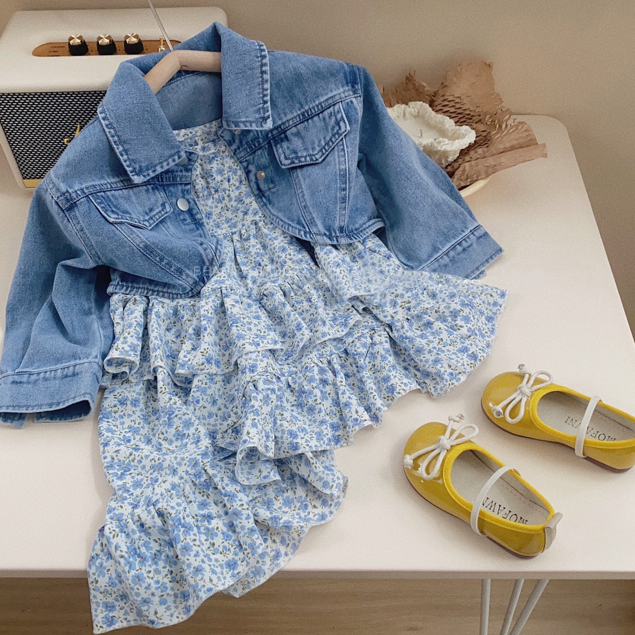 Girls Stylish Suit Baby Spring Children's Fashionable Denim Jacket Dress Spring And Autumn Two-piece Suit