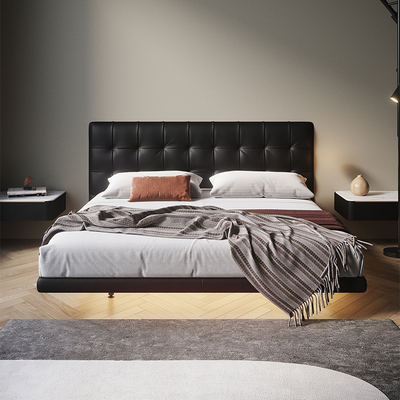 Italian Minimalist Suspended Bed Black Zippered Soft-packed Solid Wood1.8m Master Bedroom King Bed Light Luxury Nappa Leather Double Bed
