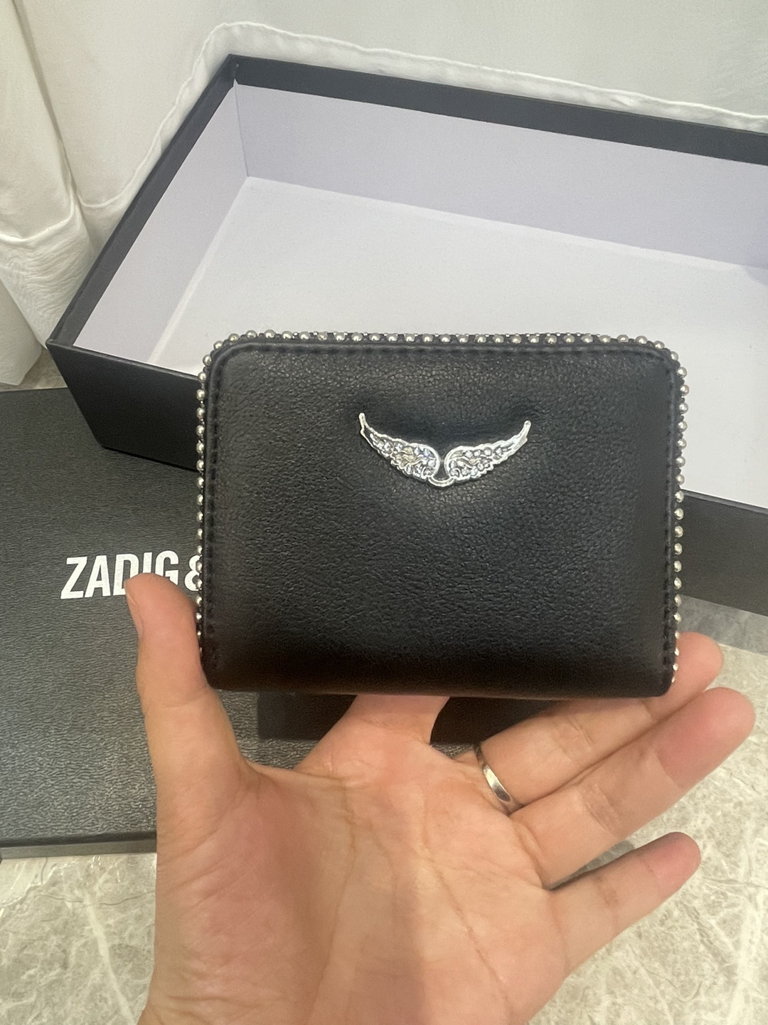 Outer Single Black ZV Wings Hot Drilling Women's Bag PU Metal Chain Bag Wallet Card Bag Denim
