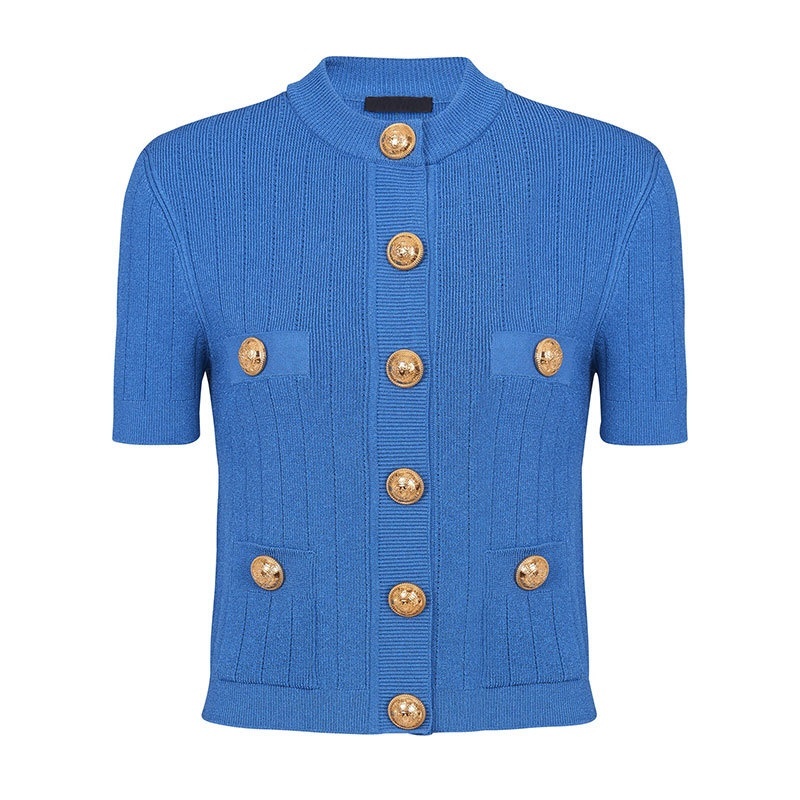Gold-buttoned Vintage-style Klein Blue Knit Cardigan