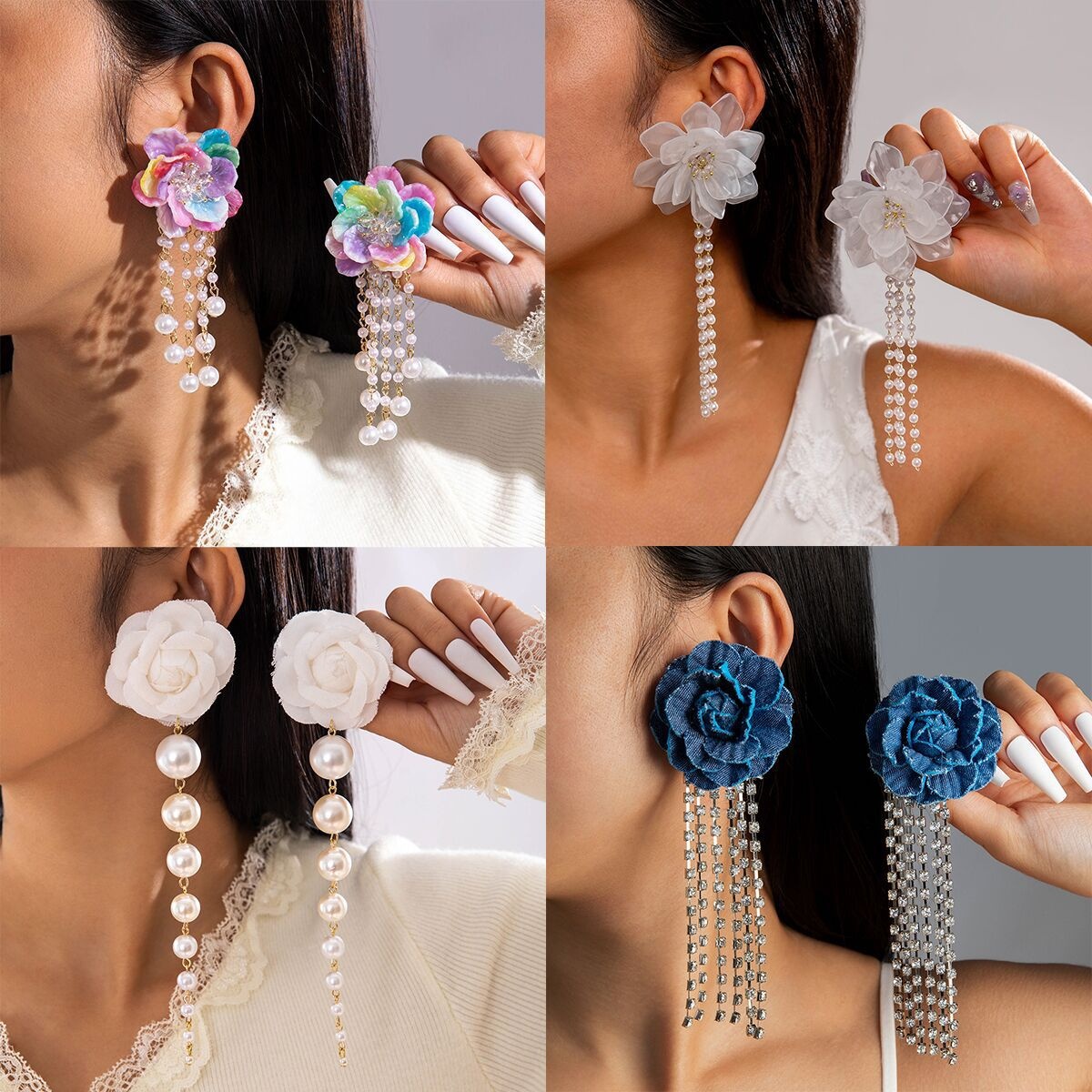 European And American Fashion Resin Flower Long Tassel Earrings High-end Niche Design Imitation Pearl Earrings Earrings For Women