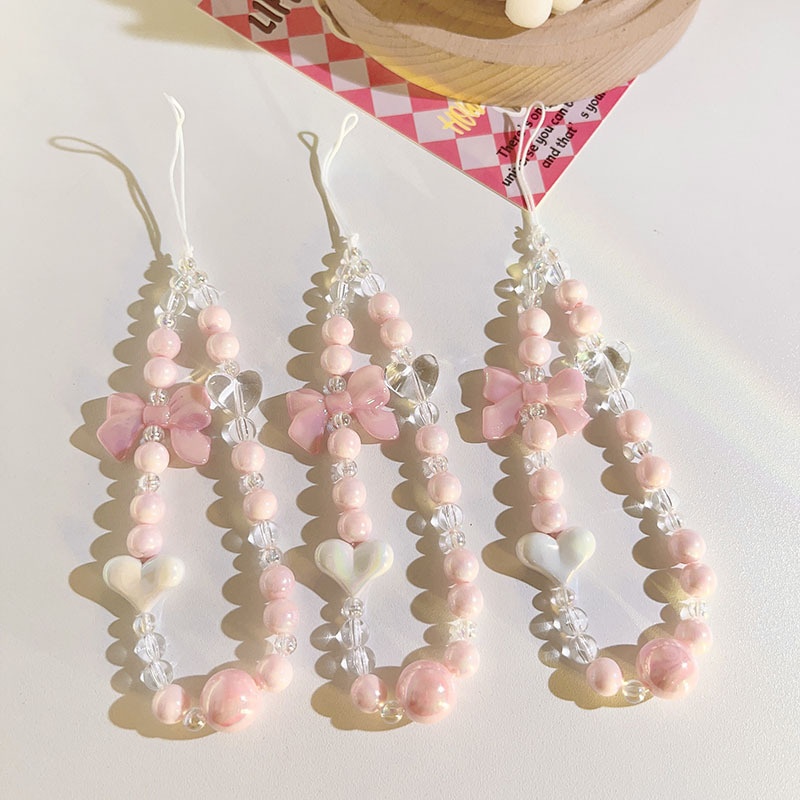 Girly Pink Bow Hand Chain Beaded Pendant Universal Mobile Phone Case Mobile Phone Lanyard Keychain Female