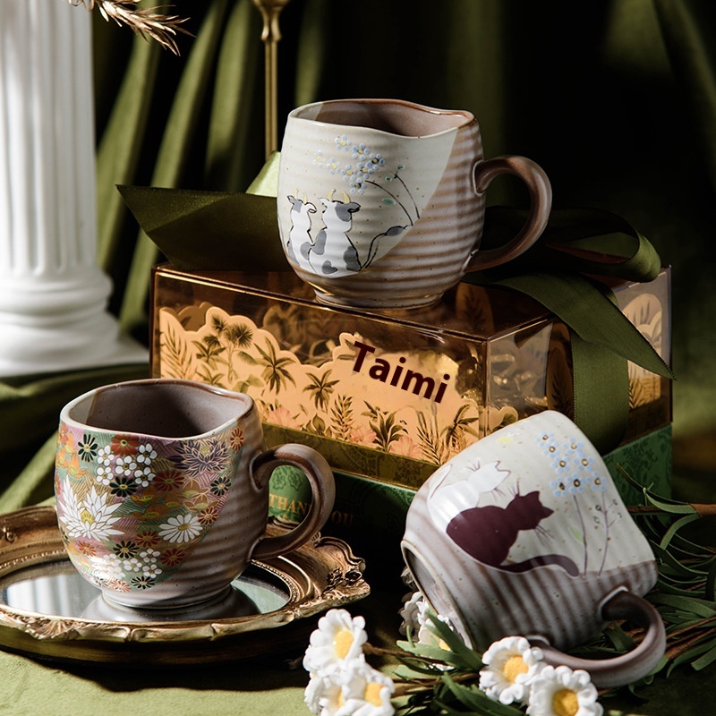 Japanese Style Jiugu Handmade Golden Flower Cross Mug Cat Coffee Cup Tea Cup Wedding Birthday Gift Household Cup