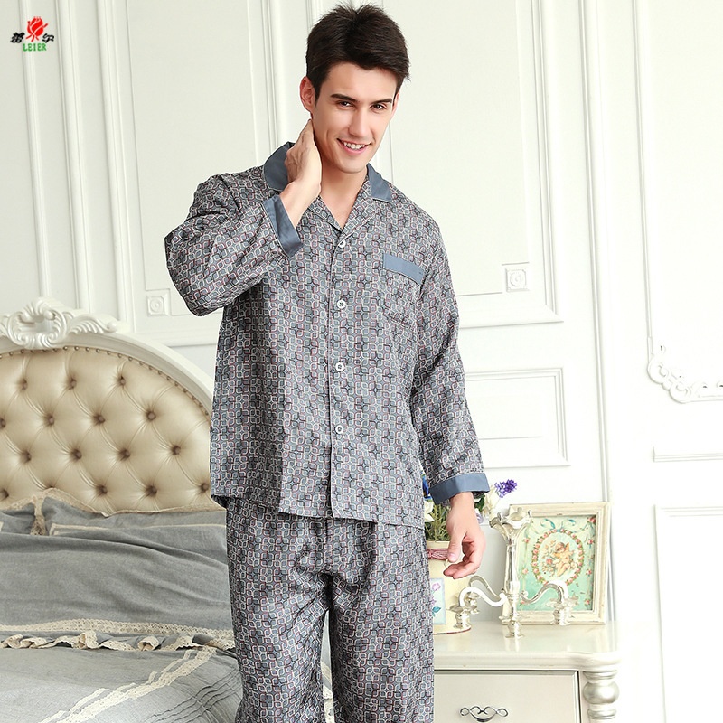 Spring And Autumn Men's Home Wear Simple Atmosphere Color Cuff Silk Long-sleeved Pajamas Set