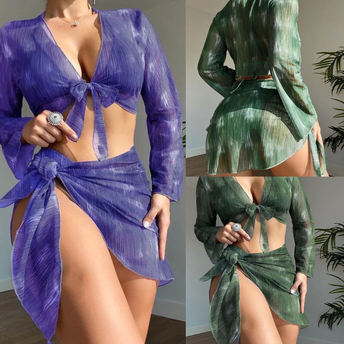 European And American Women's Swimsuit Three-piece Set Gradient Printing Long-sleeved Sunscreen Beach Swimsuit