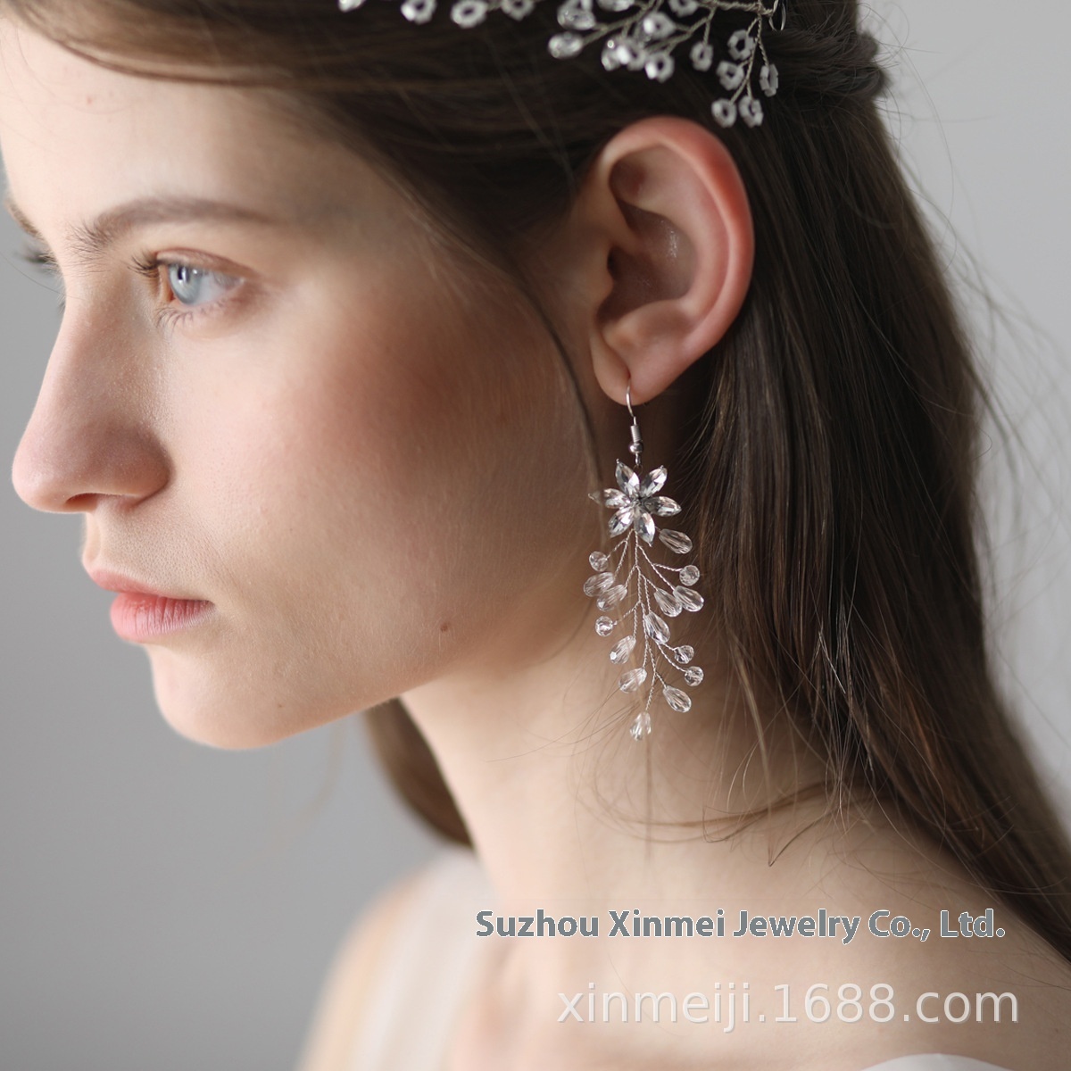E003 Braided Crystal Flower Bridal Earrings Korean Sweet Bridal Earrings Wedding Accessories