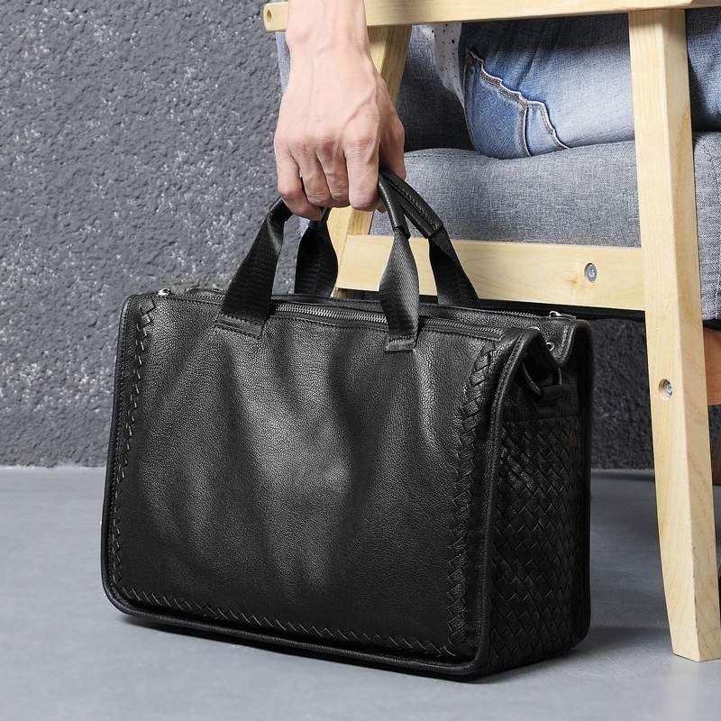 Genuine Leather Men's Bag Business Shoulder Bag Laptop Bag Sheepskin Briefcase Woven Messenger Bag Men's Leather Bag