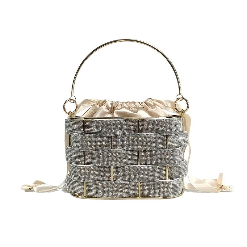 Bucket Bag Women's Women's Bag Portable Bird Cage Bag Woven Vegetable Basket Bag High-end Rhinestone Bag