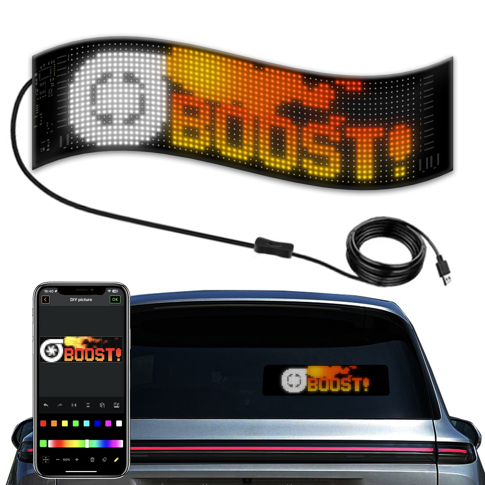 LED Flexible Display APP Bluetooth Car Advertising Screen Full Color Smart Car Stickers Explosions Soft Screen Display
