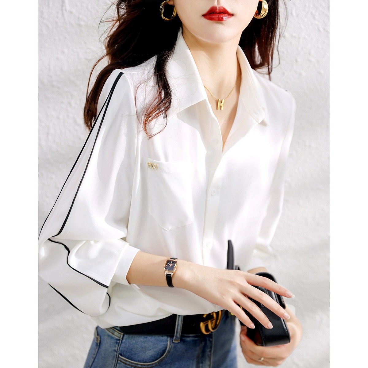 Temperament Contrasting Color Line Design Shirt