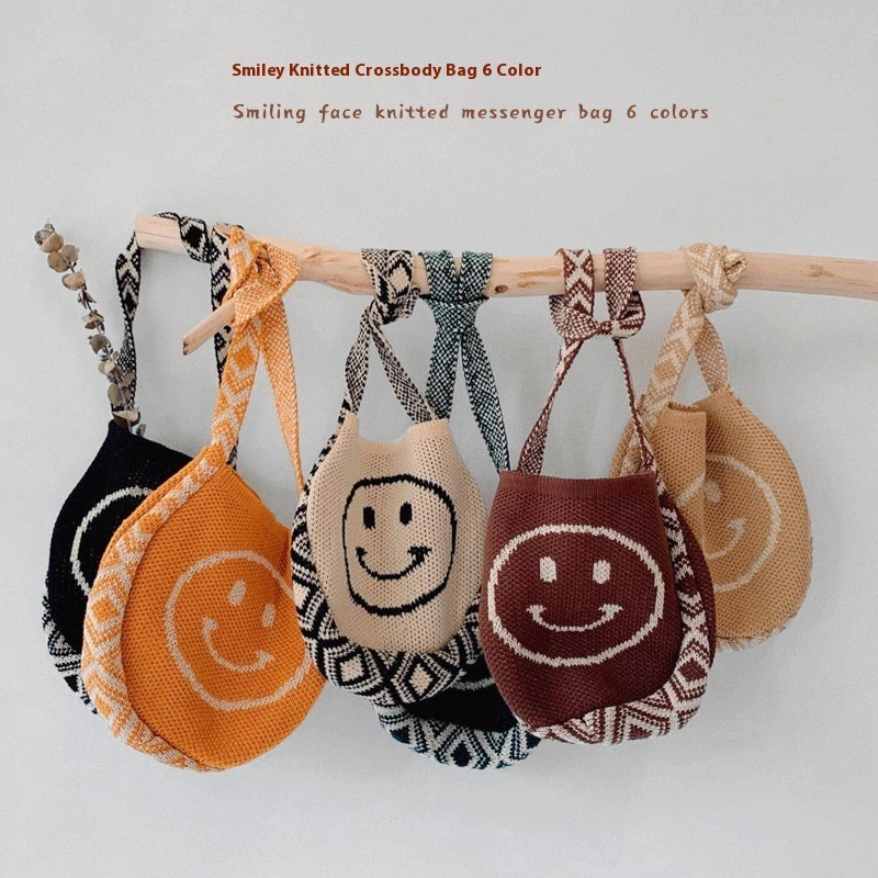 Qiunan Children's Messenger Bag Boys And Girls Baby Cute Smiley Leopard Print Cartoon Bag Woolen Bag Little Girl Bag