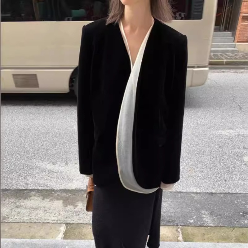 Thh~Row Spring And Autumn Soft Light Tulle With Retro Velvet Ladies Double Suit Jacket Two-piece Set