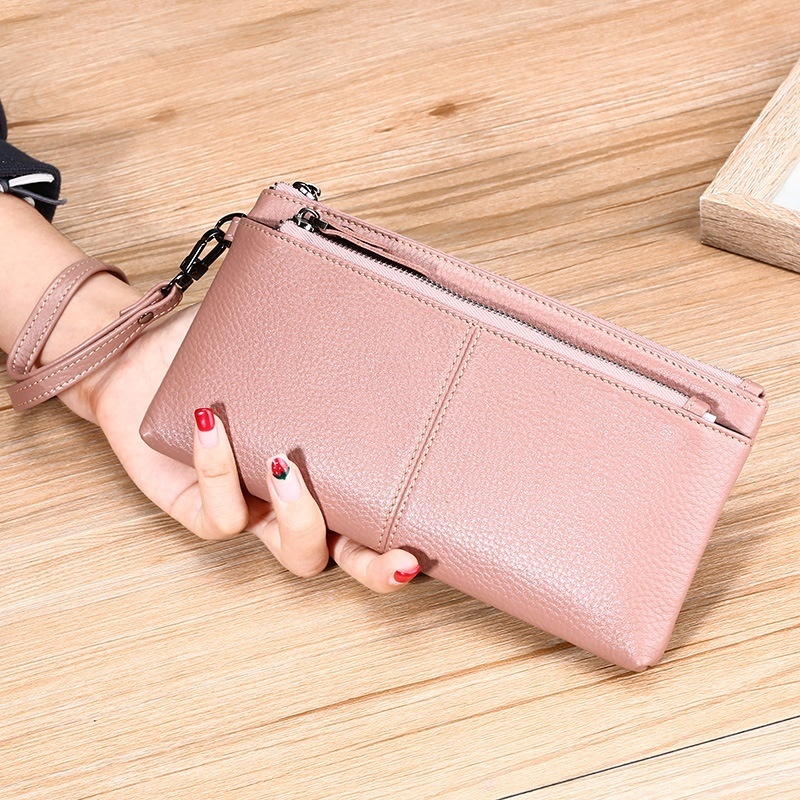 Natural Tumbled Top Layer Leather Fashion Ladies Clutch Bag With Zipper Mobile Phone Wallet Function Women's Clutch Bag