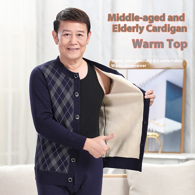 Zhangyan Middle-aged And Elderly Thermal Underwear Fleece-lined Thickened Cardigan Single-piece Top Men's Winter Wear