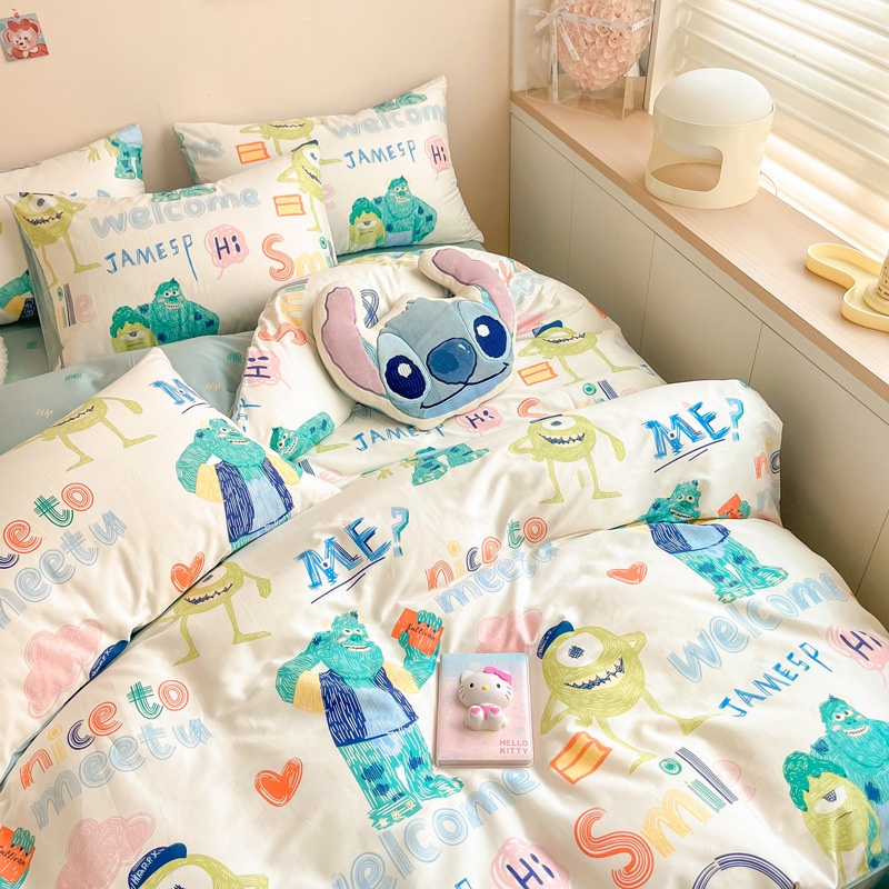 Cartoon Cotton Bed Four-piece Set Cute Pure Cotton Apartment Dormitory Three-piece Bed Sheets And Fitted Sheets