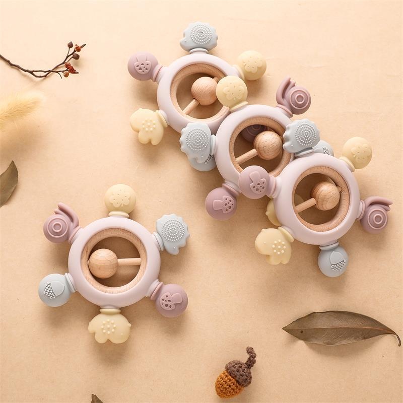 Baby Food Grade Silicone Teether Rattle Baby Oral Period Anti-bite Hand Wooden Silicone Two-in-one Animal Teether