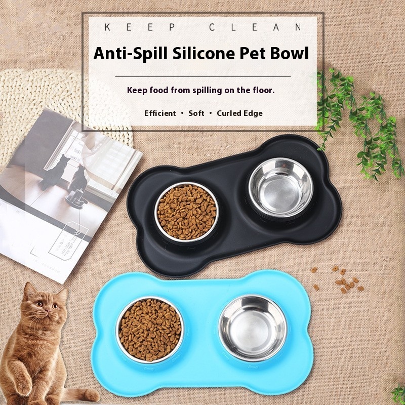 Pet Bowl Mat Stainless Steel Double Bowl Anti-spill Non-silicone Dog Bowl Large Pet Feeding Bowl Non-slip