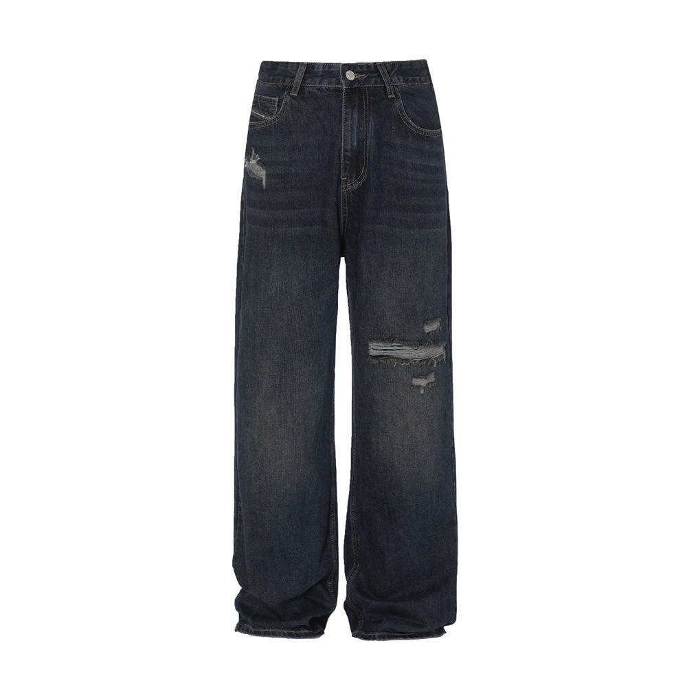 Washed Ripped Knee Denim Straight Pants Street American Retro Loose Casual Wide-leg Trousers Men's Mopping Pants