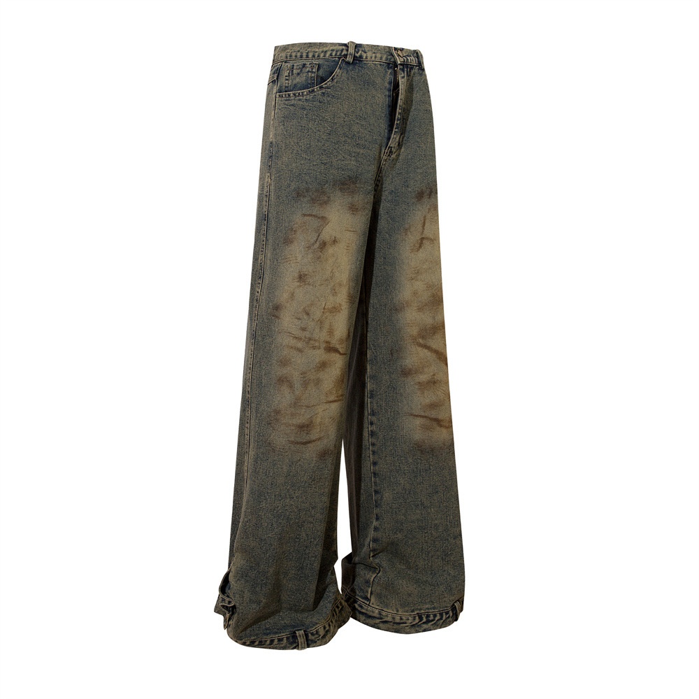 Mud-dyed Distressed And Dirty Denim Straight-leg Trousers For Men Vibey Punk Wasteland Style Washed Loose Wide-leg Trousers