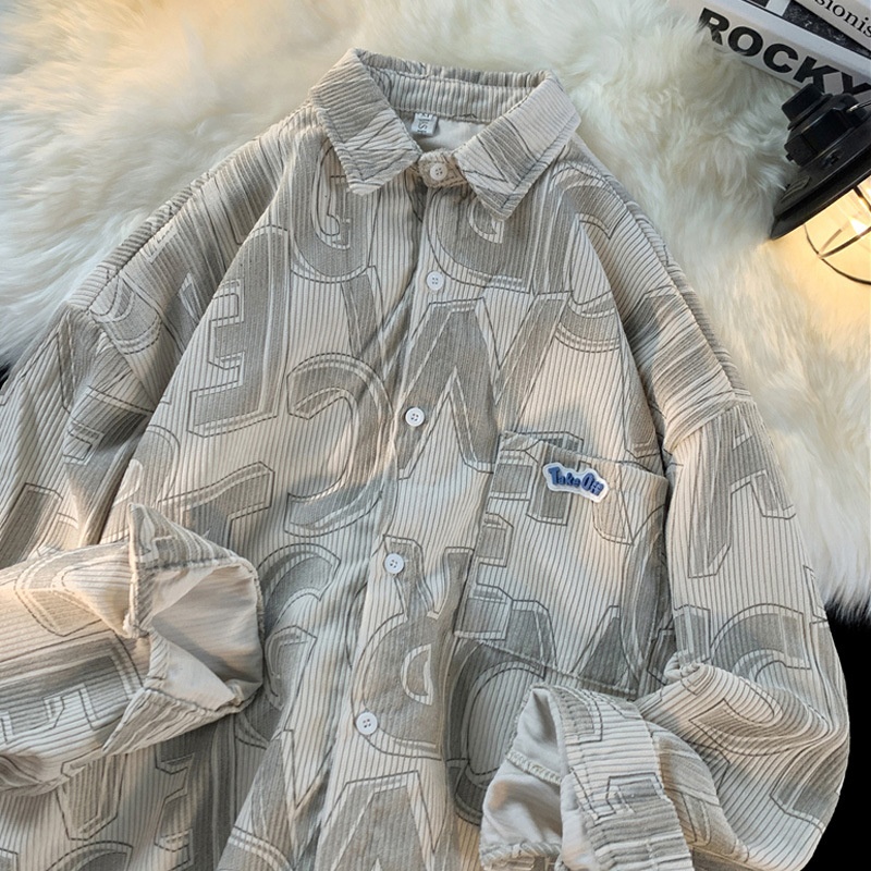 Corduroy Shirt Men's Japanese Style Long-sleeved Lapel Jacket Hong Kong Style Hip-hop High Street Fashion Brand Spring And Autumn Handsome Shirt - 2