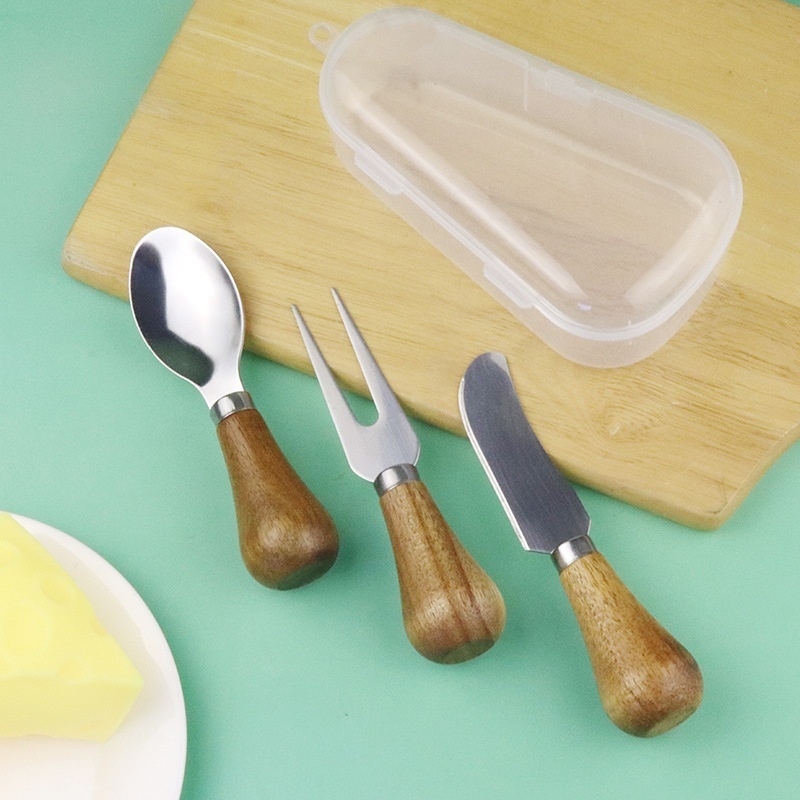 Acacia Wood Cheese Knife,Fork And Spoon Three-piece Set Round Wooden Stand Handle With Storage Box Stainless Steel Cheese Cutter