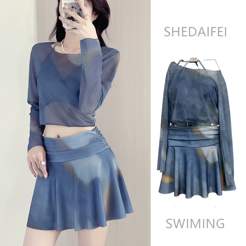 Swimsuit Women's Summer Split Bikini Long Sleeve Three-Piece Set Small Chest Push-up Hot Spring Holiday Plus Size Swimsuit