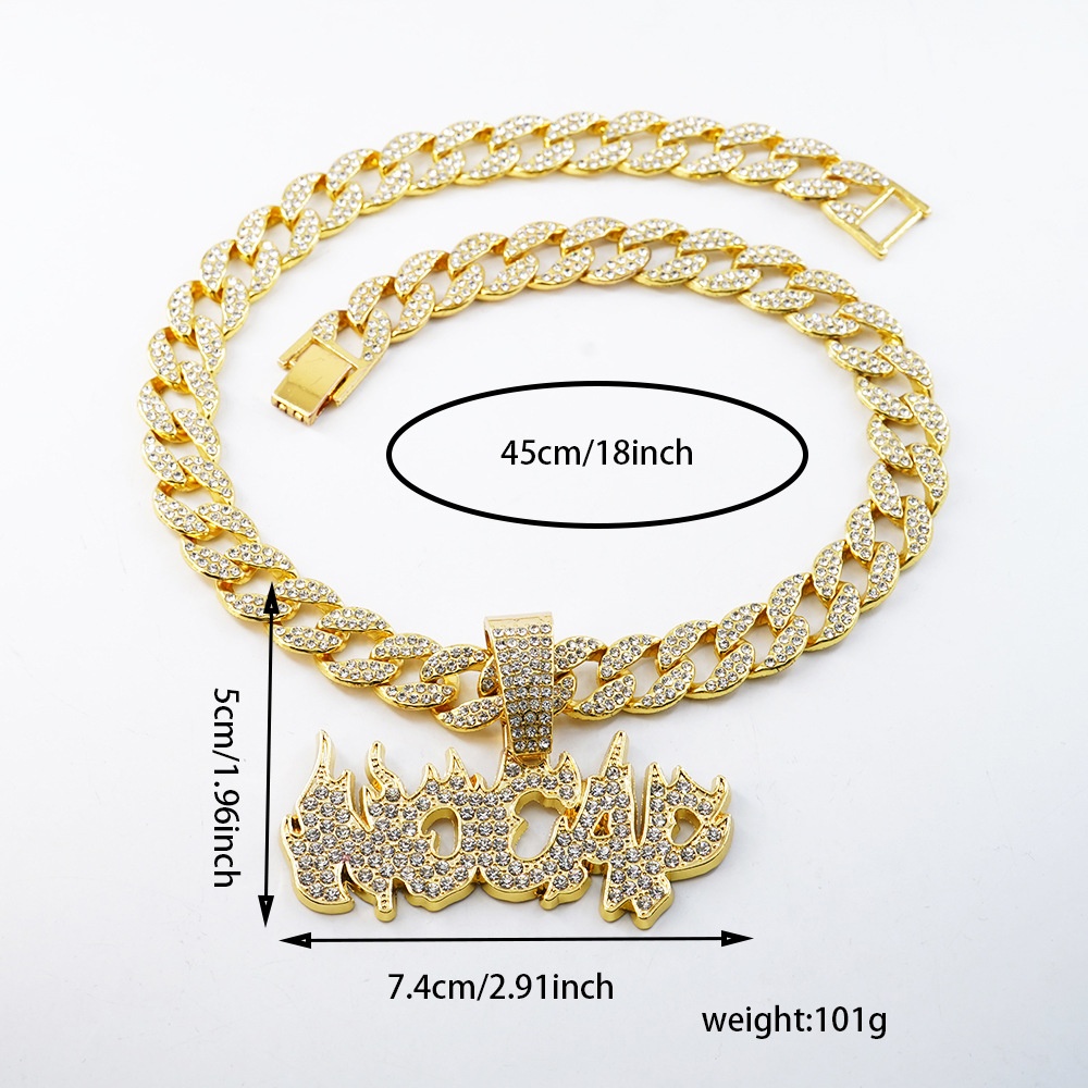 Personality Flame Full Diamond Alphabet Heat Exaggerated Men's Hip Hop Necklace Personality Hip-hop Rap Cuban Chain