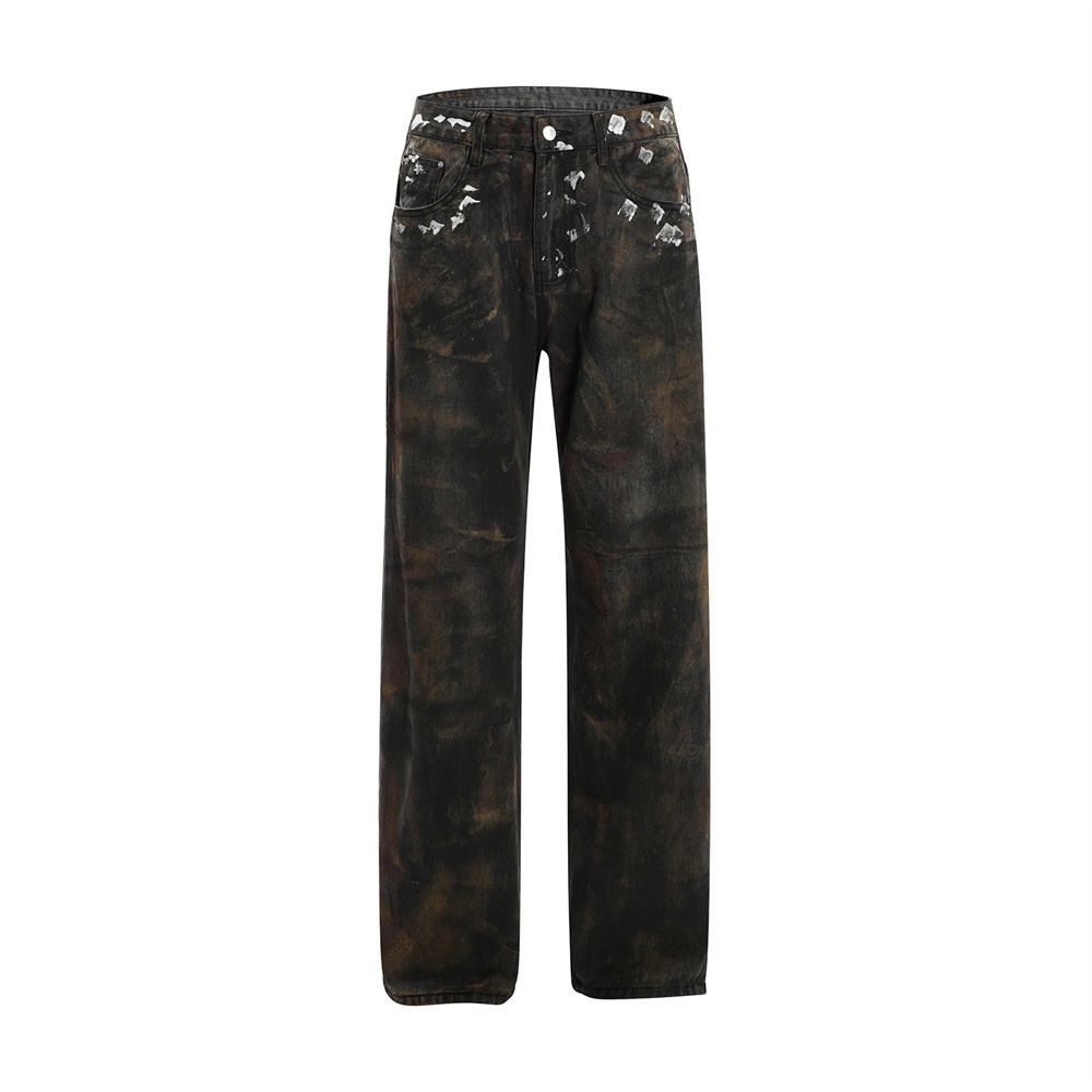 Heavy Paint Old Dirty Jeans Men's Punk Wasteland Styley Design Niche Casual Straight Trousers