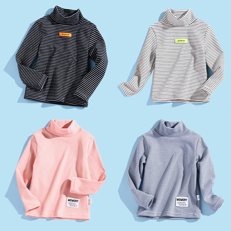 Children's Autumn And Winter Turtleneck Bottoming Shirt For Boys,Plus Velvet Warm Tops For Girls,Striped German Velvet Long-sleeved T-shirt