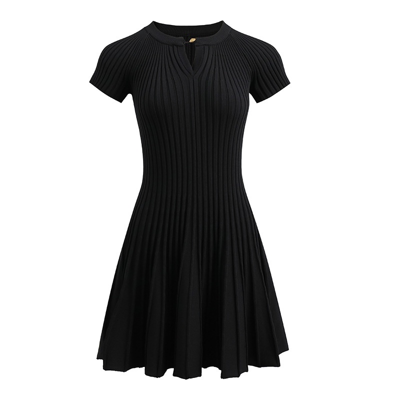 Solid Color Design, Gold-buttoned, Openwork Short-sleeved Knitted Pleated Dress