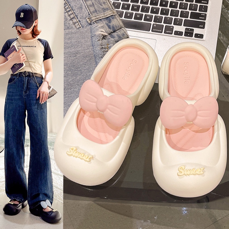 High-grade Hole Shoes With Bowknot For Women,Summer Style,Simple Thick Sole,Non-slip,Indoor And Outdoor Sandals