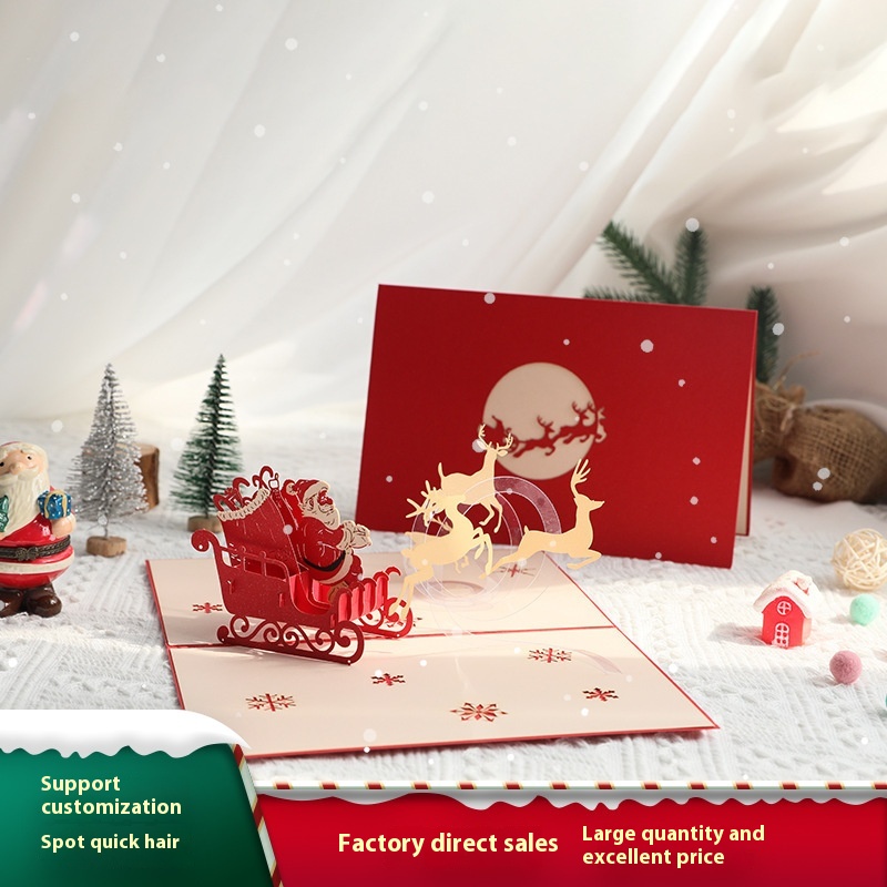 Christmas Greeting Card With Flying Deer And Cart Creative3 D Handmade Paper Carving Three-dimensional Holiday Blessing Postcard Small Card