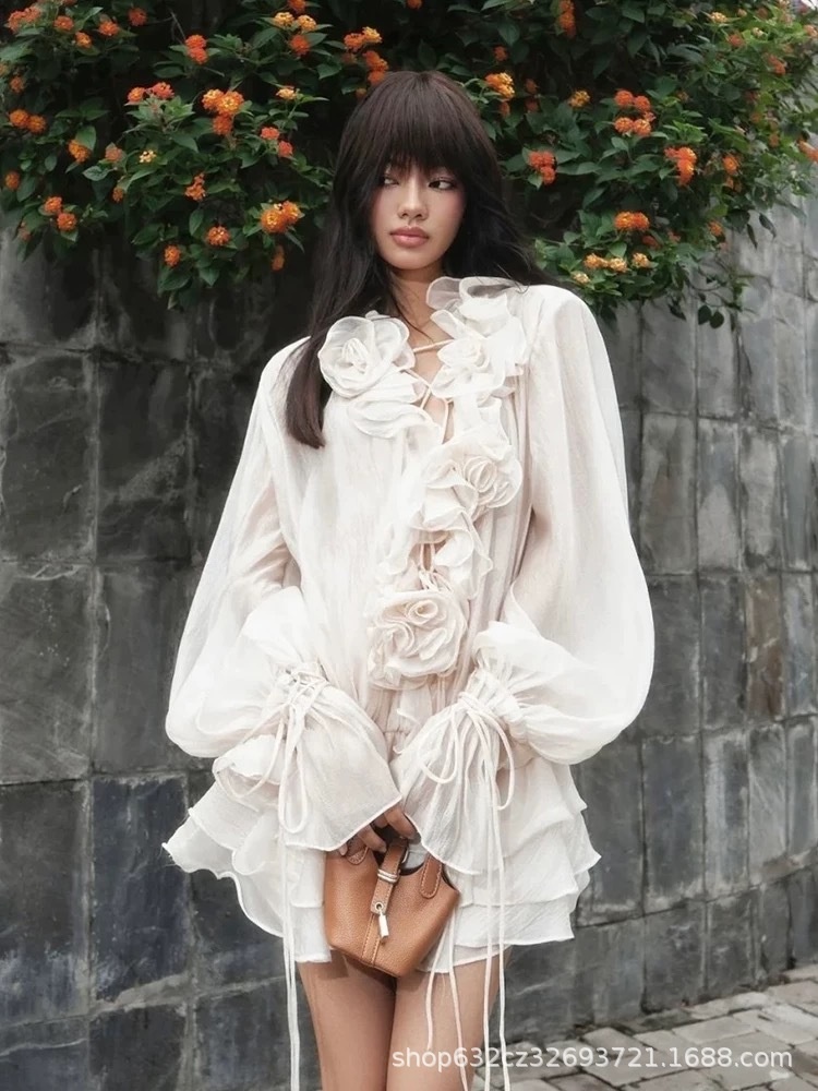 Korean Sweet And Spicy Style 3D Flower Lantern Sleeve Dress