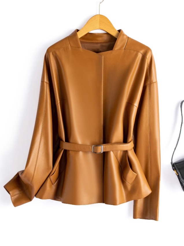 Spring Haining Genuine Leather Jacket Women's Short Korean Style Lace-Up Socialite Style Leather Jacket Sheepskin Jacket