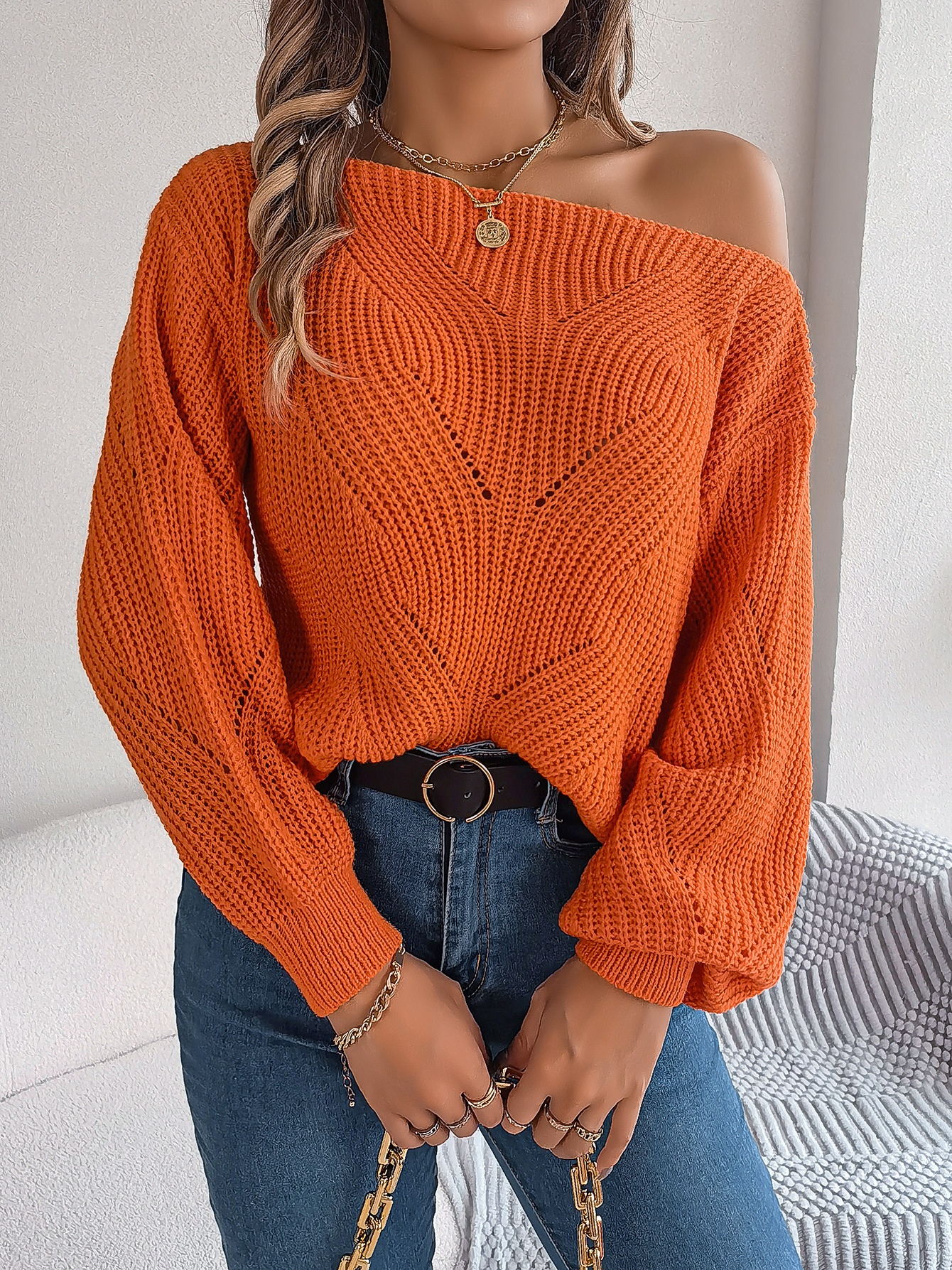 Real Shot Of Autumn And Winter Casual Hollow One-shoulder Off-shoulder Lantern Sleeve Sweater Independent Station European And American Women's Clothing - 5