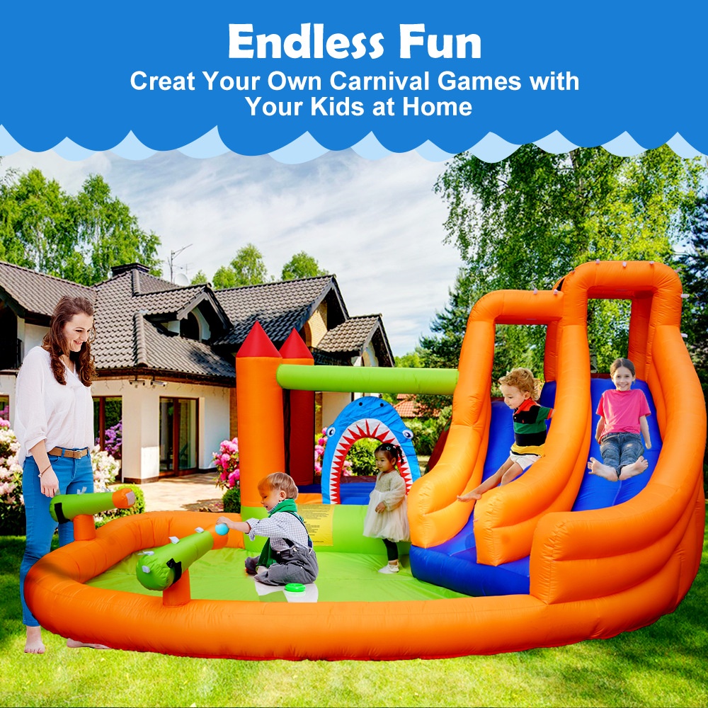 Happy Lion Inflatable Ball Pit Castle Shark Naughty Fort,Small Home Pool Trampoline With Dual Slides For Kids