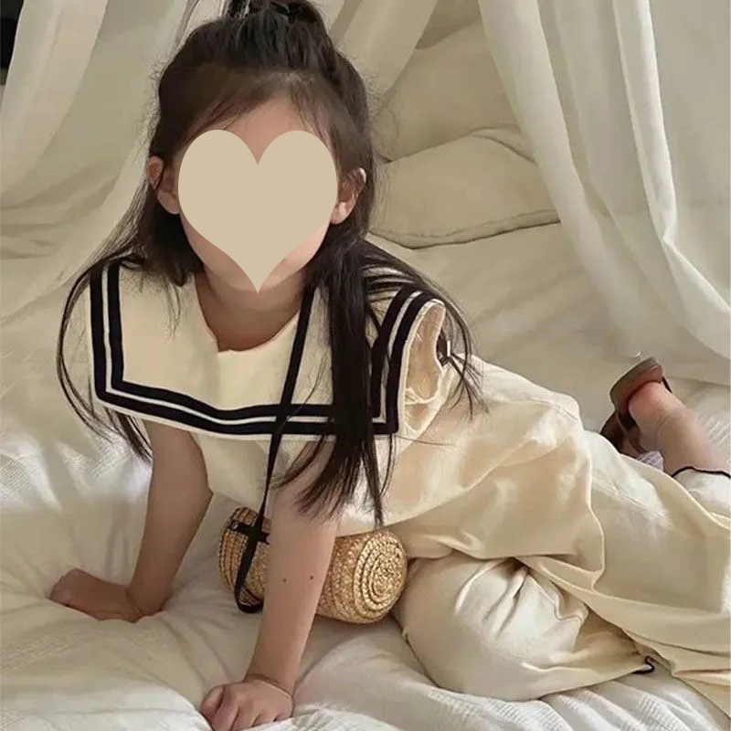 Girls Korean Version Of The Navy Collar Children's Stylish Sleeveless Summer Suit Summer Dress Wide-leg Pants Two-piece Suit