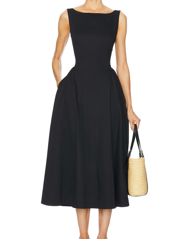 French Minimalist Waist Dress Women's Design Holiday Style Simple Casual Long Dress