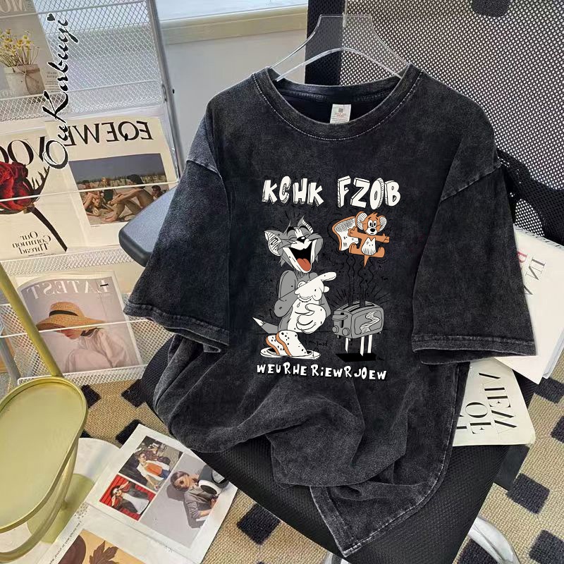 Washed Old Cotton Short-sleeved T-shirt Women's Summer Design Sense Niche Crewneck Printed Loose Top