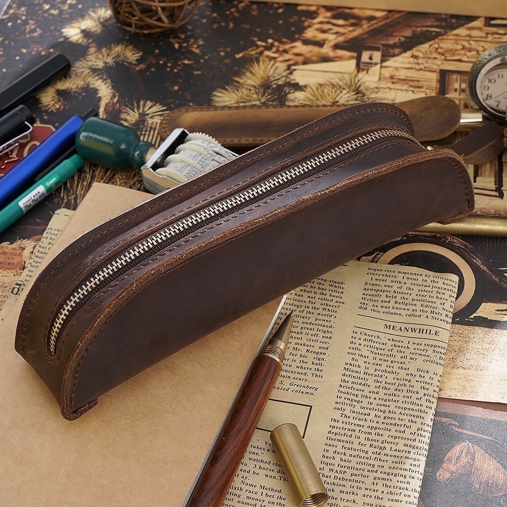 First Layer Cowhide Crazy Horse Leather Retro Handmade Zipper Pencil Case Creative Portable Simple Fishing Tail Hand Grip Pencil Case
