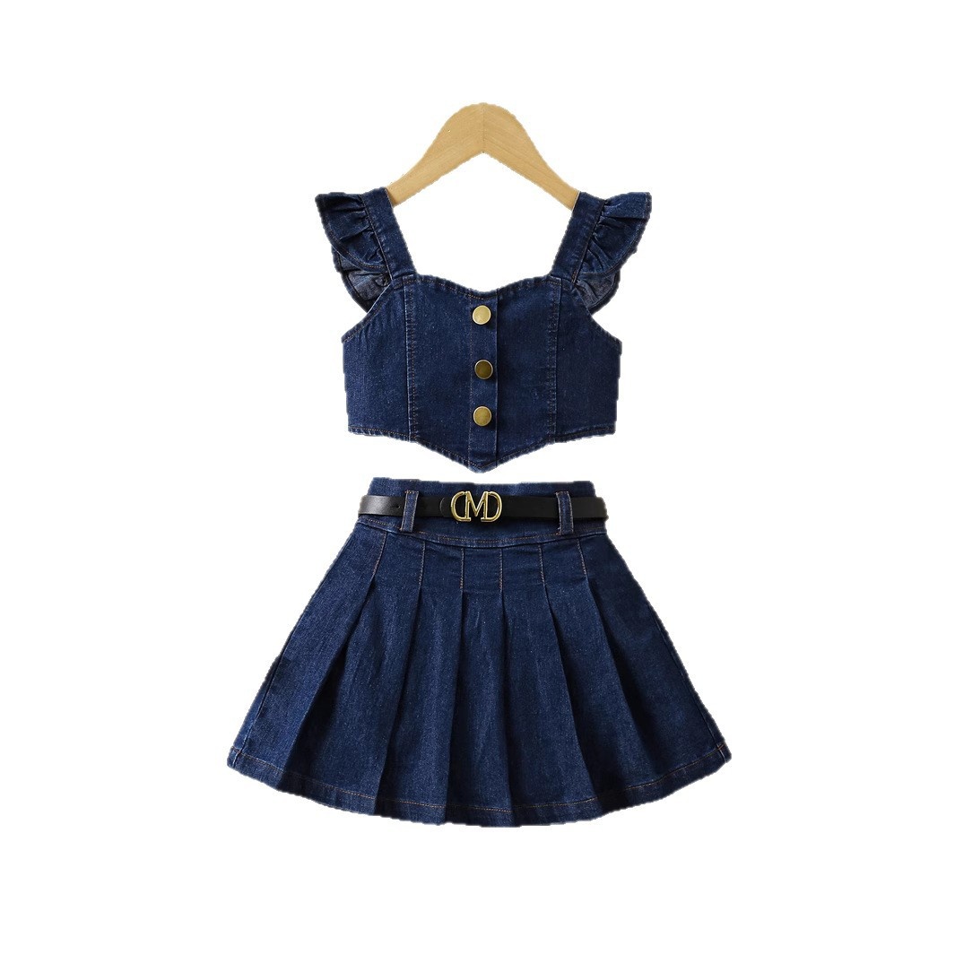 Summer Girls' Flutter Sleeve Decorative Button Irregular Hem Back Wrap Top With Elastic Pleated Skirt Denim 2-Piece Set