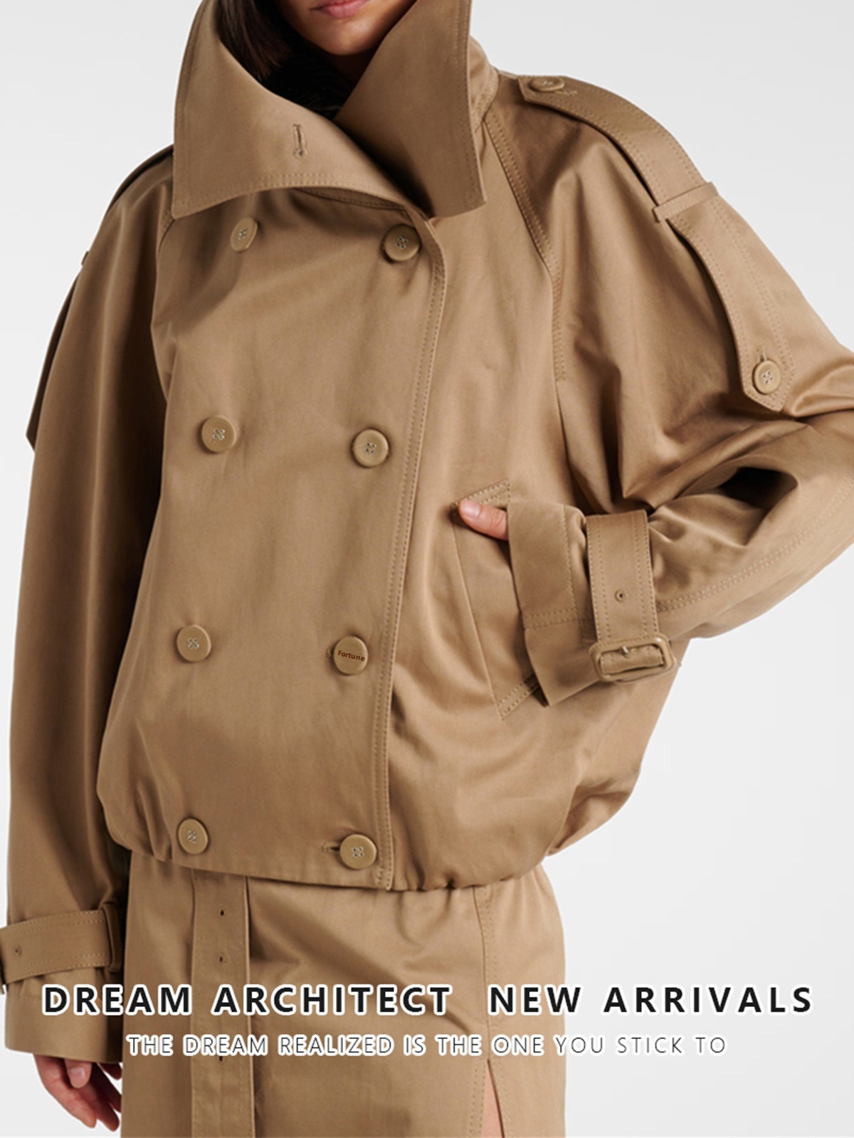 时尚气质百搭显瘦翻领长袖短款双排扣风衣式工装外套女