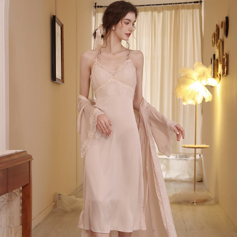 French Spring And Autumn Sexy Sling Outerwear High-end Suit Ice Silk Nightgown Home Clothes Two-piece Suit For Women
