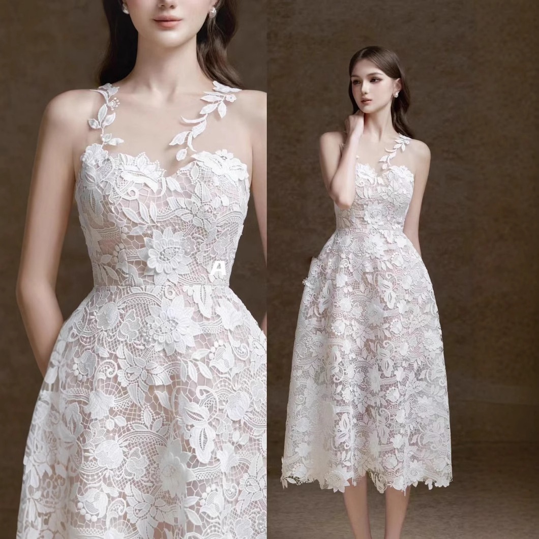 Heavy-duty Water-soluble Three-dimensional White Lace Trim Long Dress