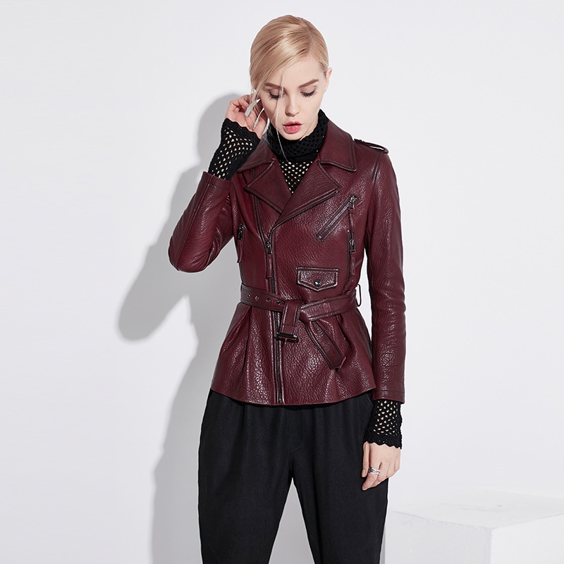 Spring Style Burgundy Genuine Leather Haining Leather Jacket For Women Korean Style Slim Short Goatskin Retro Motorcycle Leather Jacket