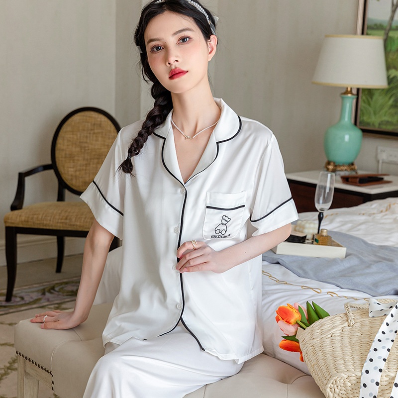 Pajamas Women Summer Satin Ice Silk Short Sleeve Pants Thin Simple Lapel Solid Color Bear Embroidered Cardigan Home Clothes