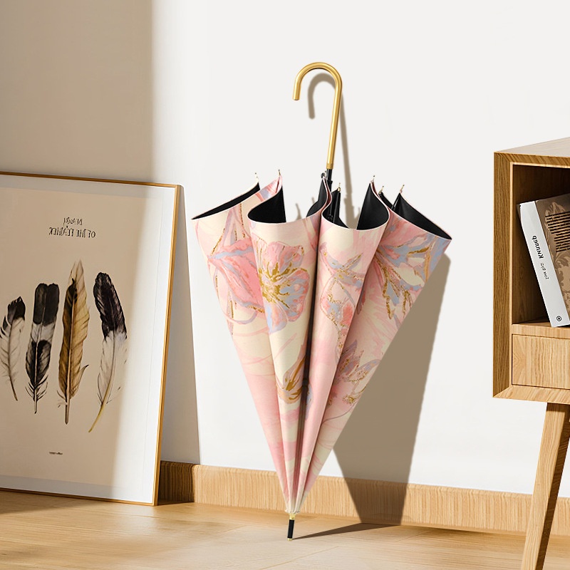 Straight Black Plastic Umbrella Long Handle Parasol Men And Women Business Leather Small Curved Handle Sunny And Rainy Dual-use Umbrella