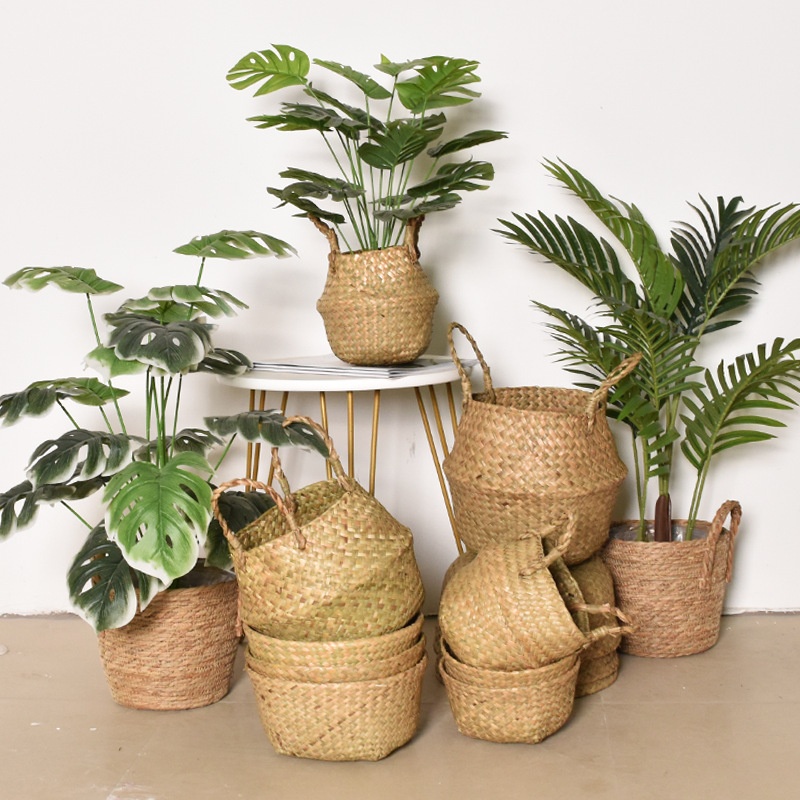 Nordic Simple Folding Seaweed Woven Flower Basket Handmade Portable Rattan Storage Basket Simulation Green Plant Size Flower Pot