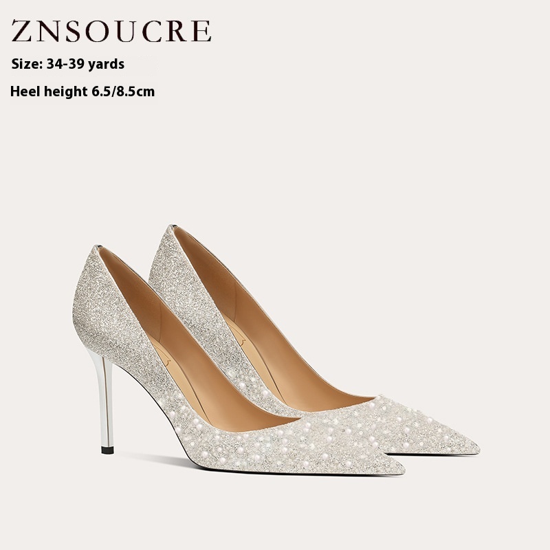 H708-55 Sheepskin Pearl White Wedding Shoes High-end Stiletto Bridal Shoes High Heels Two-wear Pointed Toe Single Shoes For Women - 2